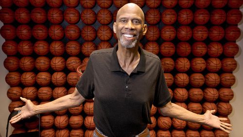 In this Monday, Feb. 12, 2018 photo, Kareem Abdul-Jabbar poses in his office, in Newport Beach, Calif. Abdul-Jabbar has been a best-selling author, civil-rights activist, actor, historian and one of the greatest basketball players who ever lived. This fall Abdul-Jabbar will embark on a cross-country tour as part of âBecoming Kareem,â a stage show in which heâll discuss his life, answer audience questions and talk about the key mentors in his life he says helped him achieve his goals along the way. (AP Photo/Mark J. Terrill)