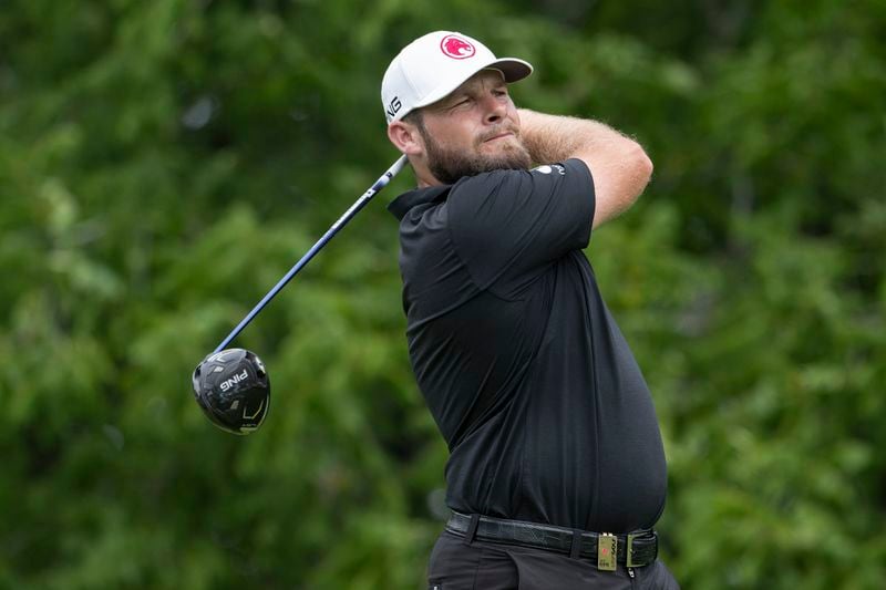 Tyrrell Hatton, of Legion XIII, hits from the eighth tee during the final round of LIV Golf Nashville at The Grove, Sunday, June 23, 2024, in College Grove, Tenn. (Charles Laberge/LIV Golf via AP)
