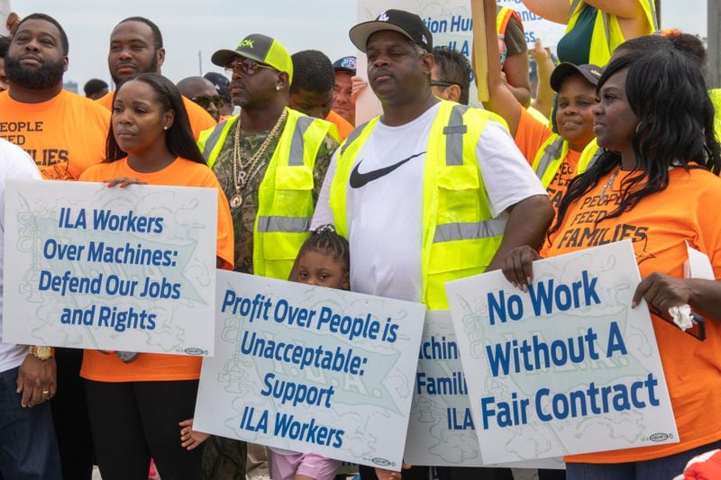 Dockworkers on strike at Georgia Ports Authority on Tuesday, October 1, 2024 in Garden City, GA. (AJC Photo/Katelyn Myrick)