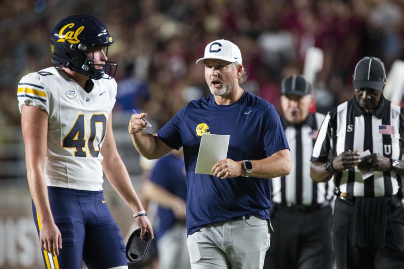 California head coach Justin Wilcox in the first half of an NCAA college football game against Florida State in Tallahassee, Fla., Saturday, Sept. 21, 2024. (AP Photo/Mark Wallheiser)