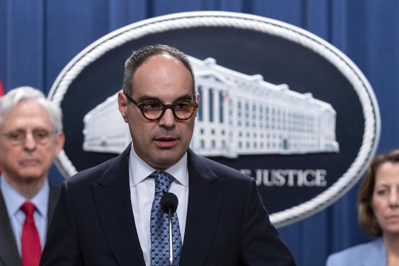Assistant Attorney General Jonathan Kanter of the Justice Department's Antitrust Division speaks during a news conference at the Department of Justice headquarters in Washington, Thursday, May 23, 2024. The Justice Department has filed a sweeping antitrust lawsuit against Ticketmaster and parent company Live Nation Entertainment, accusing them of running an illegal monopoly over live events in America and driving up prices for fans. The lawsuit was filed Thursday in New York and was brought with 30 state and district attorneys general. (AP Photo/Jose Luis Magana)