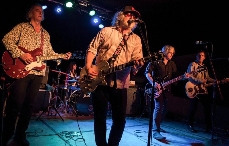 The Baseball Project's lineup from left: Peter Buck, Linda Pitmon on drums, Scott McCaughey, Mike Mills and Steve Wynn. Photo: Chris Sikich