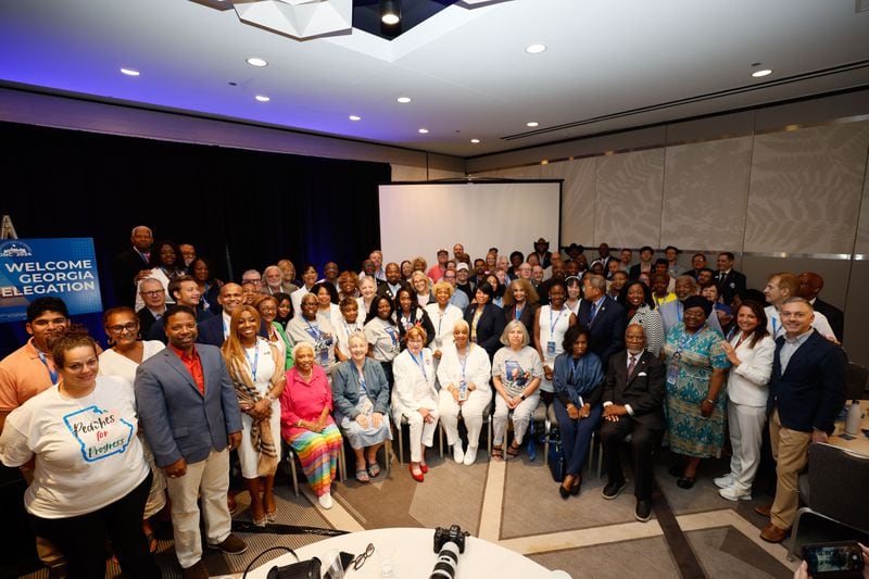 Georgia delegates and supporters of Vice President Kamala Harris attending the Democratic National Convention in Chicago pose for a photo on Thursday.