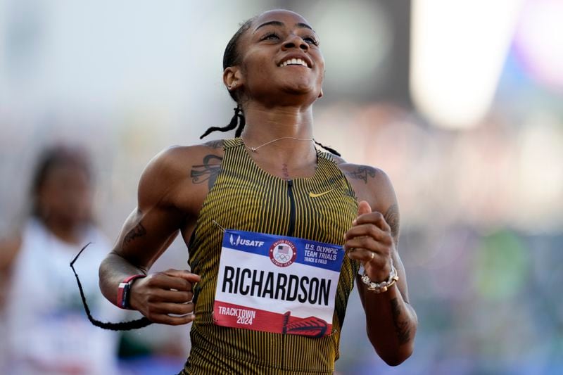Sha'Carri Richardson wins a heat women's 200-meter semi-finals during the U.S. Track and Field Olympic Team Trials Friday, June 28, 2024, in Eugene, Ore. (AP Photo/George Walker IV)