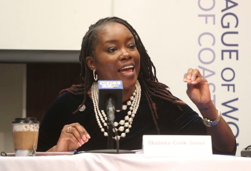 District Attorney Shalena Cook Jones responds to a question during the League of Women Voters of Coastal Georgia candidate forum with Republican challenger Andre Pretorius on Monday, Sept. 16, 2024, at the Coastal Georgia Center in Savannah, Ga. (Richard Burkhart/Savannah Morning News via AP)