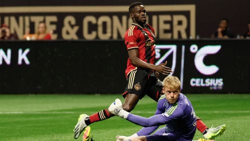 Atlanta United forward Jamal Thiaré (29) looks at the goal as he scored, but it was called an offside during the second half against the Chicago Fire at Mercedes-Benz Stadium on Sunday, March 31, 2024.
 Miguel Martinez / miguel.martinezjimenez@ajc.com
