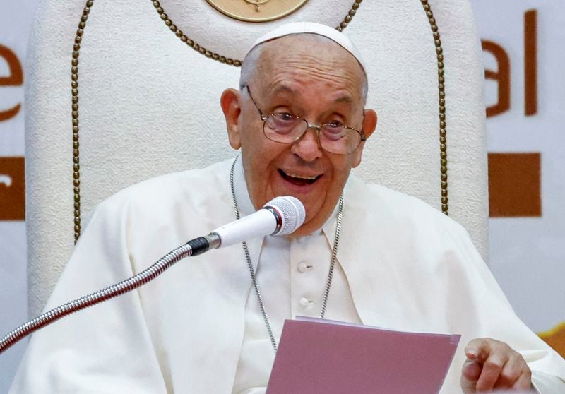 Pope Francis delivers his address during a meeting with East Timor authorities, civil society, and the diplomatic corps at the Presidential Palace in Dili, East Timor, Monday, Sept. 9, 2024. (Willy Kurniawan/Pool Photo via AP)