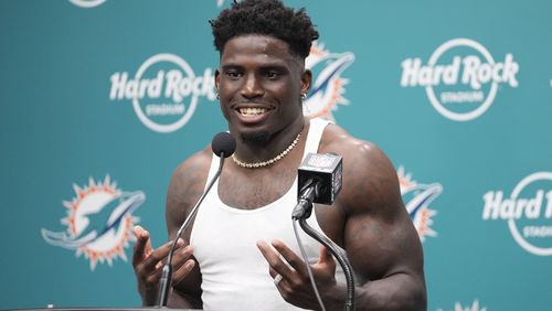 Miami Dolphins wide receiver Tyreek Hill speaks during an NFL football post game news conference, Sunday, Sept. 8, 2024, in Miami Gardens, Fla. The Dolphins defeated the Jaguars 20-17. (AP Photo/Rebecca Blackwell)