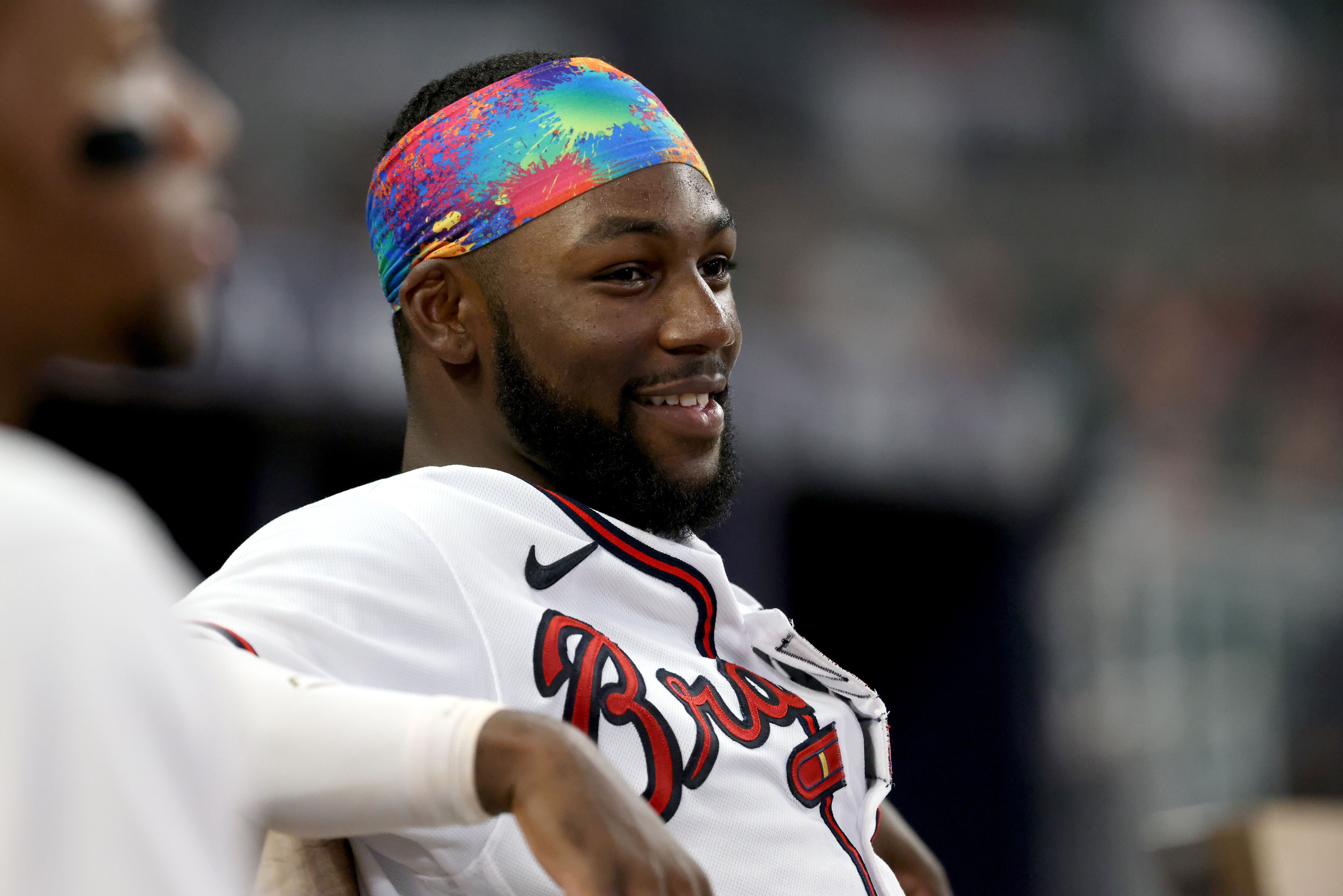 Atlanta Braves right fielder Michael Harris II., watches teammates