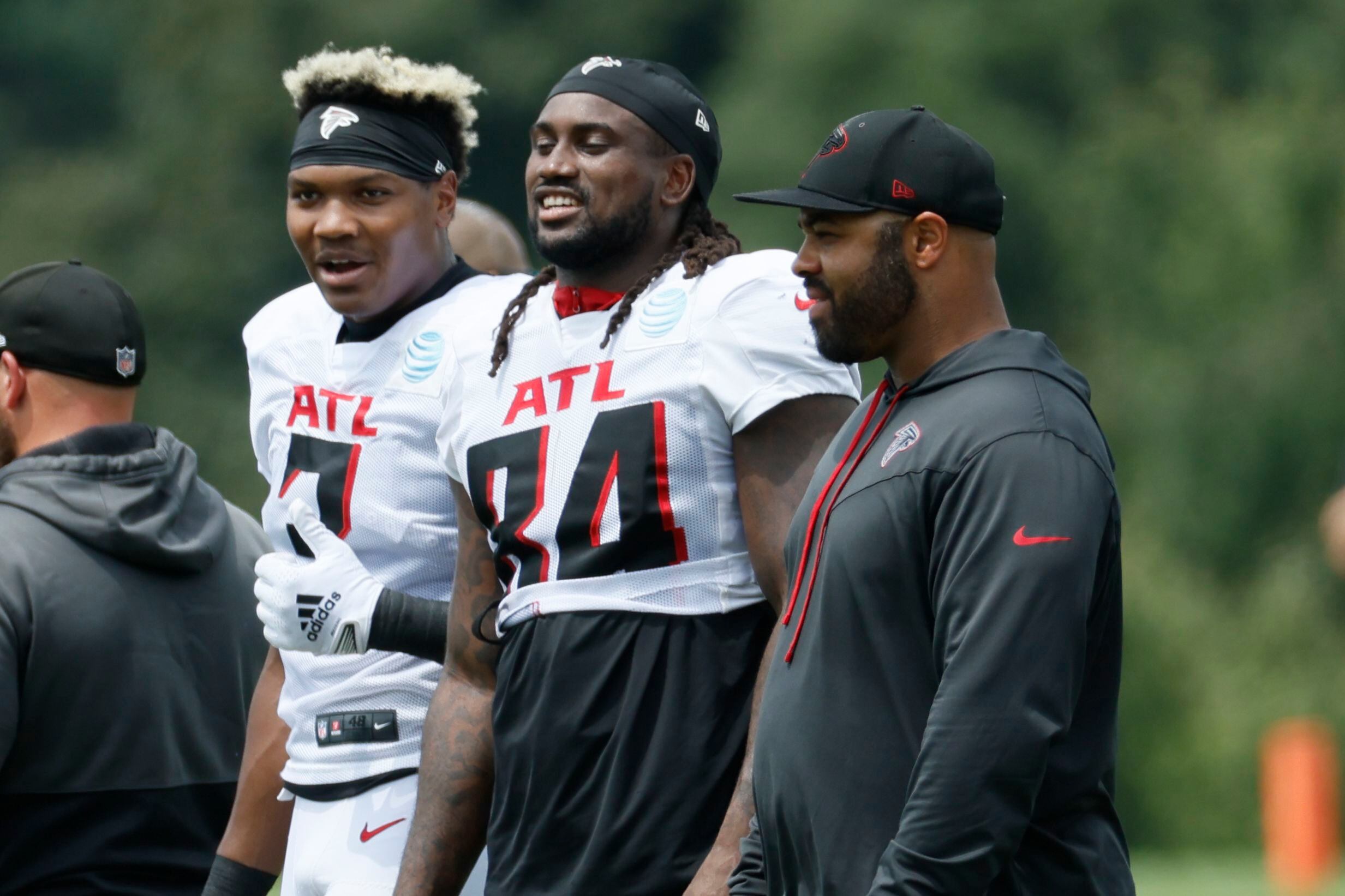 Atlanta Falcons linebacker Nathan Landman (55) lines up during the second  half of an NFL football game against the Jacksonville Jaguars, Saturday,  Aug. 27, 2022, in Atlanta. The Atlanta Falcons won 28-12. (