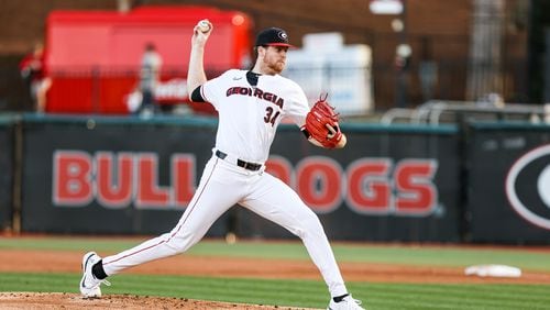 Thanks to a late-afternoon stadium-light malfunction, Garrett Brown's 2022 pitching debut lasted only 1.2 innings. But the 6-foot-7 sophomore was sharp during his first outing in 18 months. (Photo by Tony Walsh/UGA Athletics)