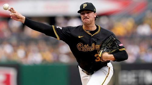 Pittsburgh Pirates starting pitcher Paul Skenes delivers during the second inning of a baseball game against the St. Louis Cardinals, Tuesday, July 23, 2024, in Pittsburgh. (AP Photo/Matt Freed)