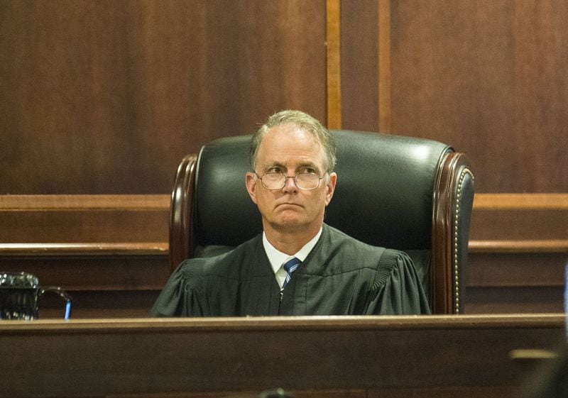 Henry County Superior Court Judge Brian Amero listens to the defense question the witness during the trial of Jennifer and Joseph Rosenbaum on July 25, 2019. The trial in McDonough began on July 8. (Alyssa Pointer/alyssa.pointer@ajc.com)