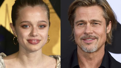 This combination of photos shows Shiloh Jolie at the London premiere of "Eternals" on Oct. 27, 2021, left, and Brad Pitt at a special screening of "Ad Astra" in Los Angeles on Sept. 18, 2019. (AP Photo)