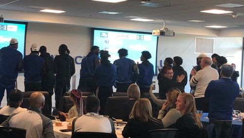 The Georgia State basketball players stand and cheer when it is announced they will play No. 1 Gonzaga in the opening round of the NCAA Tournament.