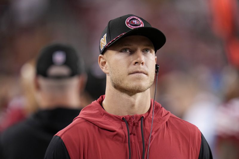 San Francisco 49ers running back Christian McCaffrey walks on the sideline during the second half of an NFL football game against the New York Jets in Santa Clara, Calif., Monday, Sept. 9, 2024. (AP Photo/Godofredo A. Vásquez)