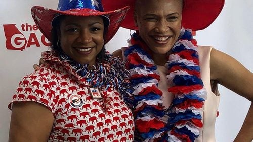 Kaaryn Walker (right), the head of Black Conservatives for Truth, and fellow member Felice Pete at the state GOP convention this summer. It can be very difficult being a black conservative and you have to have a certain thickness of skin, Walker said.