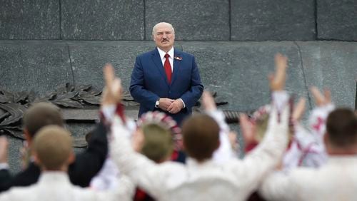 FILE - Belarus President Alexander Lukashenko speaks to schoolchildren at Independence Day celebrations in Minsk, Belarus, on July 3, 2020. (AP Photo, File)