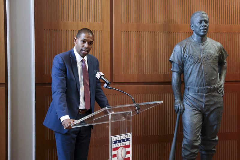 Antonio Delgado, Lieutenant Governor of New York, speaks during the unveiling of the Hank Aaron statue by the grand staircase at the National Baseball Hall of Fame, Thursday, May 23, 2024, in Cooperstown, NY. (Jason Getz / AJC)
