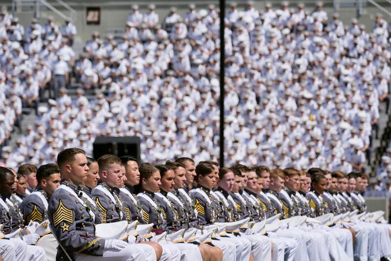 Graduating cadets listen as President Joe Biden speaks at the U.S. Military Academy commencement ceremony, Saturday, May 25, 2024, in West Point, N.Y. (AP Photo/Alex Brandon)