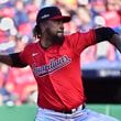 Cleveland Guardians' Emmanuel Clase pitches in the ninth inning during Game 1 of baseball's AL Division Series against the Detroit Tigers, Saturday, Oct. 5, 2024, in Cleveland. (AP Photo/Phil Long)