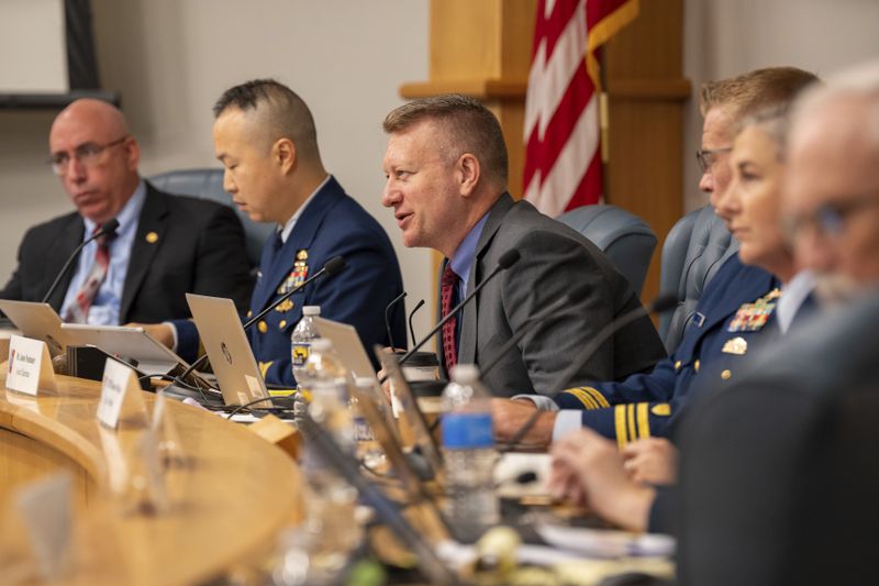 Jason Neubauer, Board Chairman questions Amber Bay, Former OceanGate Director of Administration at the Titan marine board of investigation hearing inside the Charleston County Council Chambers Tuesday, Sept. 24, 2024, in North Charleston, S.C. (Corey Connor via AP, Pool)