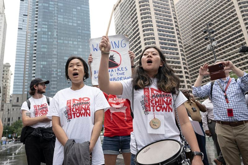 Supporters and Chinatown community leaders gathered during a "no Sixers arena rally" on Wednesday, Sept. 18, 2024, outside Philadelphia City Hall in Philadelphia. (Jose F. Moreno/The Philadelphia Inquirer via AP)