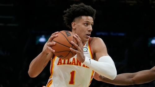 Atlanta Hawks forward Jalen Johnson (1) during Game 5 in the first round of the NBA basketball playoffs, Tuesday, April 25, 2023, in Boston. (AP Photo/Charles Krupa)