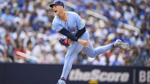 Toronto Blue Jays pitcher Bowden Francis (44) throws the ball during second inning of a baseball game against the Los Angeles Angels in Toronto, Saturday, Aug. 24, 2024. (Christopher Katsarov/The Canadian Press via AP)