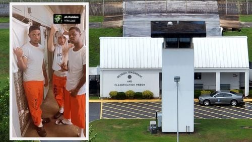 Shane Tassi (center of inset image) inside Georgia Diagnostic and Classification State Prison holding a homemade shank and making a gesture suggesting his gang affiliation. Ocmulgee Judicial Circuit District Attorney's Office / AJC file