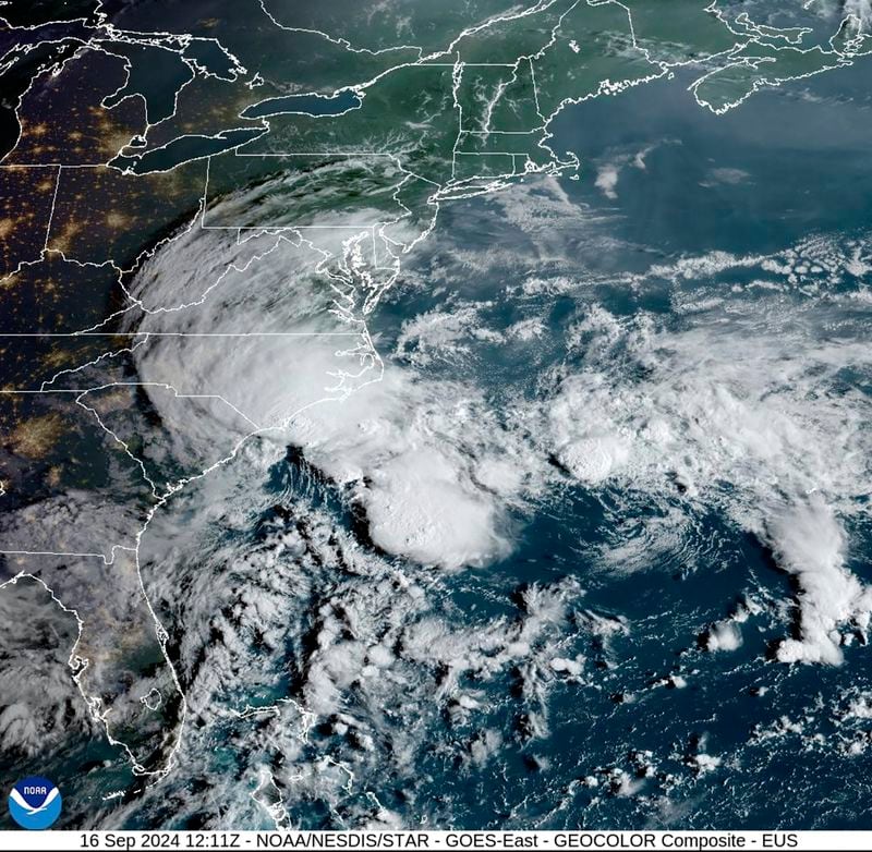 This image provided by the National Oceanic and Atmospheric Administration shows tropical storm conditions along a stretch of the U.S. Southeast seacoast, Monday, Sept. 16, 2024. (NOAA via AP)