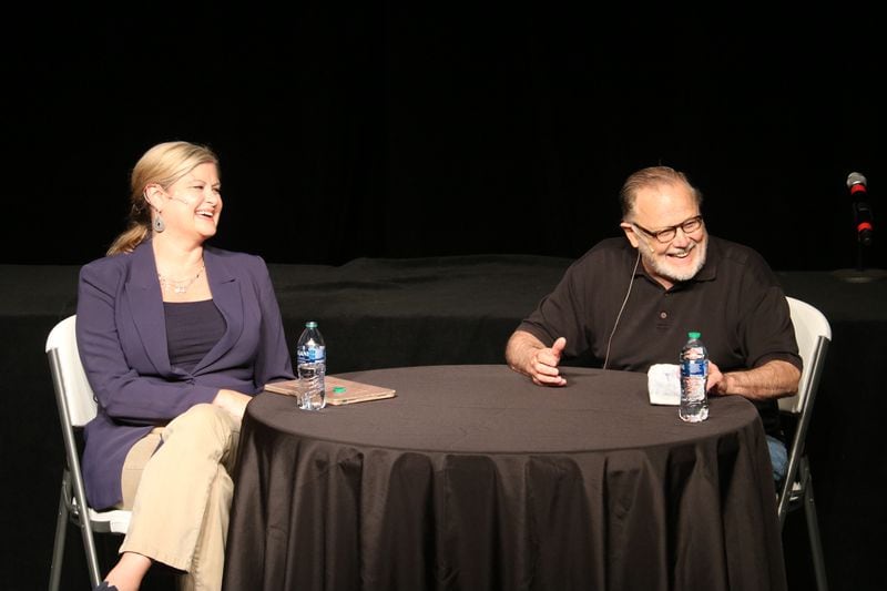 Dave Goelz (right) spoke in conversation with Beth Schiavo, executive director of the Center for Puppetry Arts, during a Wednesday presentation celebrating Goelz's half-century in show business. Photo: Grace Callaway