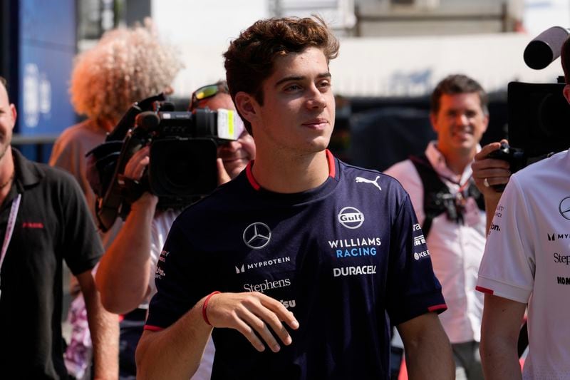 Williams driver Franco Colapinto of Argentina arrives at the Monza racetrack, in Monza, Italy, Thursday, Aug.29, 2024. The Formula one race will be held on Sunday. (AP Photo/Luca Bruno)