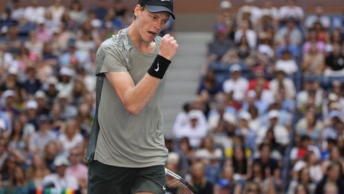 Jannik Sinner, of Italy, reacts after scoring a point against Christopher O'Connell, of Australia, during the third round of the U.S. Open tennis championships, Saturday, Aug. 31, 2024, in New York. (AP Photo/Julia Nikhinson)