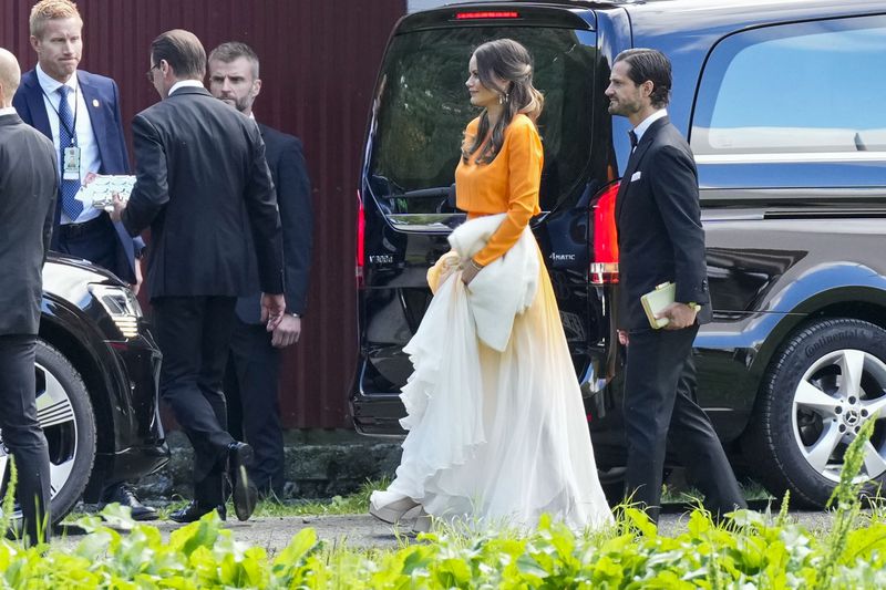 Sweden's Princess Sofia attends the wedding of Norway's Princess Martha Louise and Durek Verrett, in Geiranger, Norway, Saturday Aug. 31, 2024. (Heiko Junge/NTB via AP)