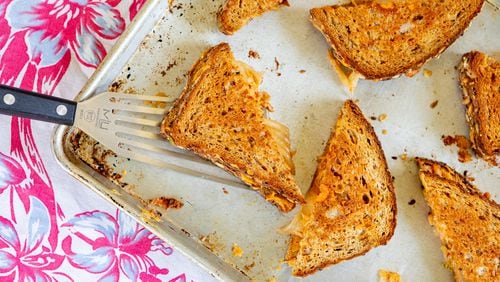 Sheet Pan Kimchi Grilled Cheese sandwiches. (Aaliyah Man for The Atlanta Journal-Constitution)