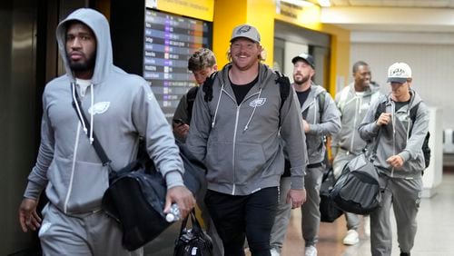 Philadelphia Eagles players arrive at Sao Paulo International airport ahead of a game against the Philadelphia Eagles, in Guarulhos, greater Sao Paulo, Wednesday, Sept. 4, 2024. (AP Photo/Andre Penner)