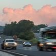 The large plume of smoke from a chemical plant fire on Sunday is still visible from I-20 eastbound near West Avenue in Conyers on Monday morning. (John Spink / AJC)