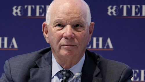 Sen. Ben Cardin addresses the audience during the Teha (The European House Ambrosetti ) economic forum in Cernobbio, Como Lake, Italy, Saturday, Sept. 7, 2024. (AP Photo/Luca Bruno)