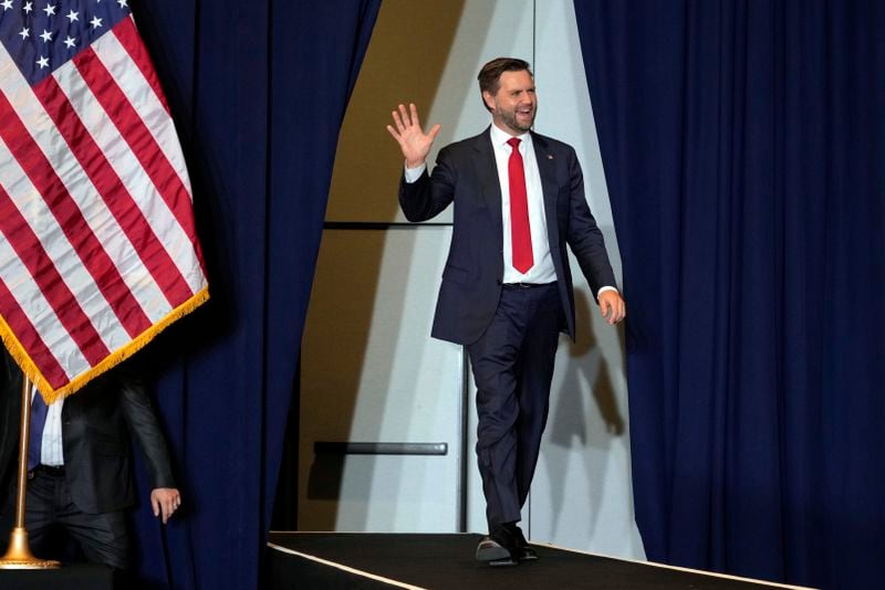 Republican vice presidential nominee Sen. JD Vance, R-Ohio, arrives to speak at a campaign event, Thursday, Sept. 5, 2024, in Phoenix. (AP Photo/Matt York)