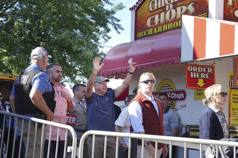 Democratic vice presidential candidate Minnesota Gov. Tim Walz visits the Minnesota State Fair Sunday, Sept. 1, 2024 in Falcon Heights, Minn. (Glen Stubbe /Star Tribune via AP)