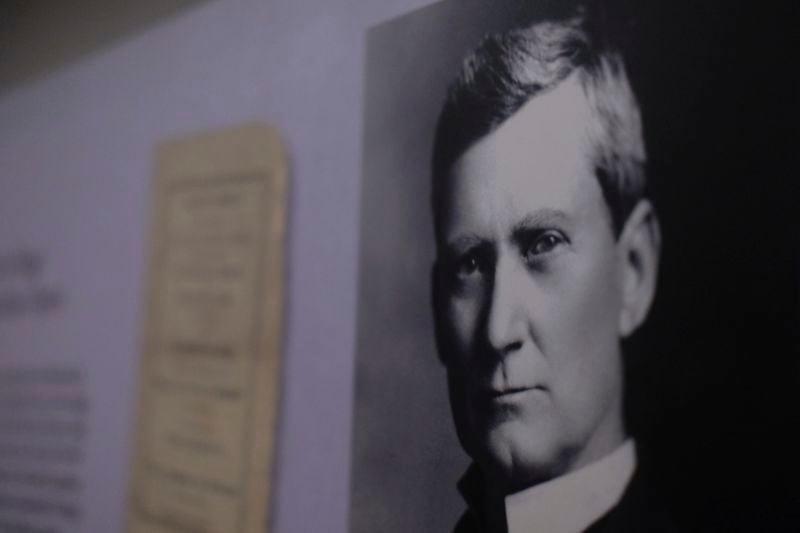 A photo of steamboat captain Tom Ryman is displayed at the Ryman Auditorium in Nashville, Tenn., on July 30, 2024. (AP Photo/Luis Andres Henao)