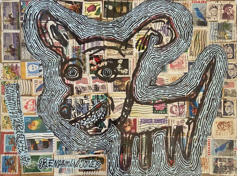 Benjamin Jones’ “Happy Chihuahua,” a mixed media drawing on a collage of postage stamps. Jones' exhibit at Whitespace, "Welcome to the Theater," continues through Feb. 24. 