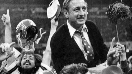 Georgia coach Vince Dooley is carried off the field after beating Notre Dame  17-10 to win the national championship in the Sugar Bowl on Jan. 1, 1981, at the Superdome in New Orleans.
source: AJC file photo