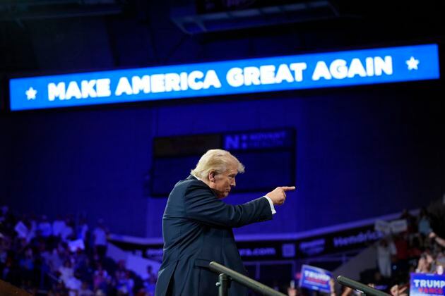 Republican presidential candidate former President Donald Trump gestures after speaking at a campaign rally Wednesday, July 24, 2024, in Charlotte, N.C. (AP Photo/Alex Brandon)