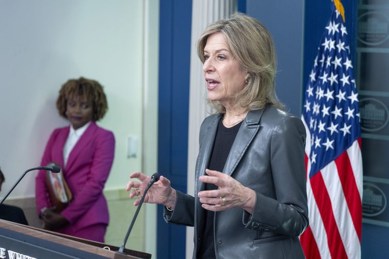 White House Homeland Security Advisor Liz Sherwood-Randall speaks as White House press secretary Karine Jean-Pierre listens Monday, Sept. 30, 2024, during a press briefing at the White House in Washington. (AP Photo/Mark Schiefelbein)