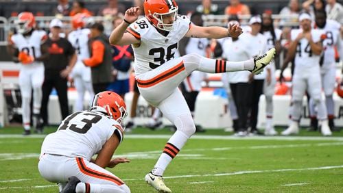 Cleveland Browns place kicker Cade York (36) kicks an extra point during an NFL preseason football game against the Green Bay Packers, Saturday, Aug. 10, 2024, in Cleveland. (AP Photo/David Richard)