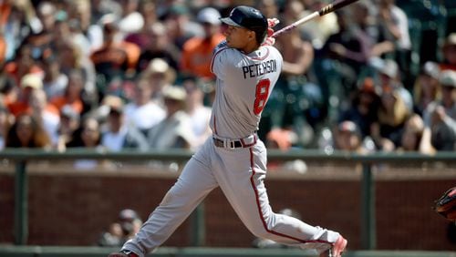 Jace Peterson has six hits, two homers and six RBIs in the Braves' past two games. (Getty Images) SAN FRANCISCO, CA - MAY 31: Jace Peterson #8 of the Atlanta Braves hits a bases loaded three-run triple against the San Francisco Giants in the top of the ninth inning at AT&amp;T Park on May 31, 2015 in San Francisco, California. The three rbi's put the Braves ahead in the game 7-5. (Photo by Thearon W. Henderson/Getty Images)