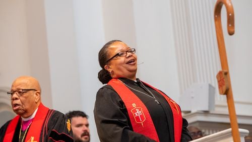 Bishop Robin Dease is installed as leader of the North Georgia Conference United Methodist Church on Sunday, Jan 8, 2023.  She is the first African-American female appointed to the position.   (Jenni Girtman for the Atlanta Journal-Constitution)