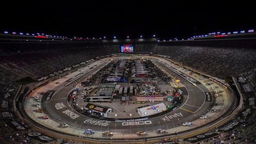 FILE - Drivers make their way around Bristol Motor Speedway during a caution period in the NASCAR Xfinity Series auto race, Sept. 15, 2023, in Bristol, Tenn. (Emily Ball/Bristol Herald via AP, File)